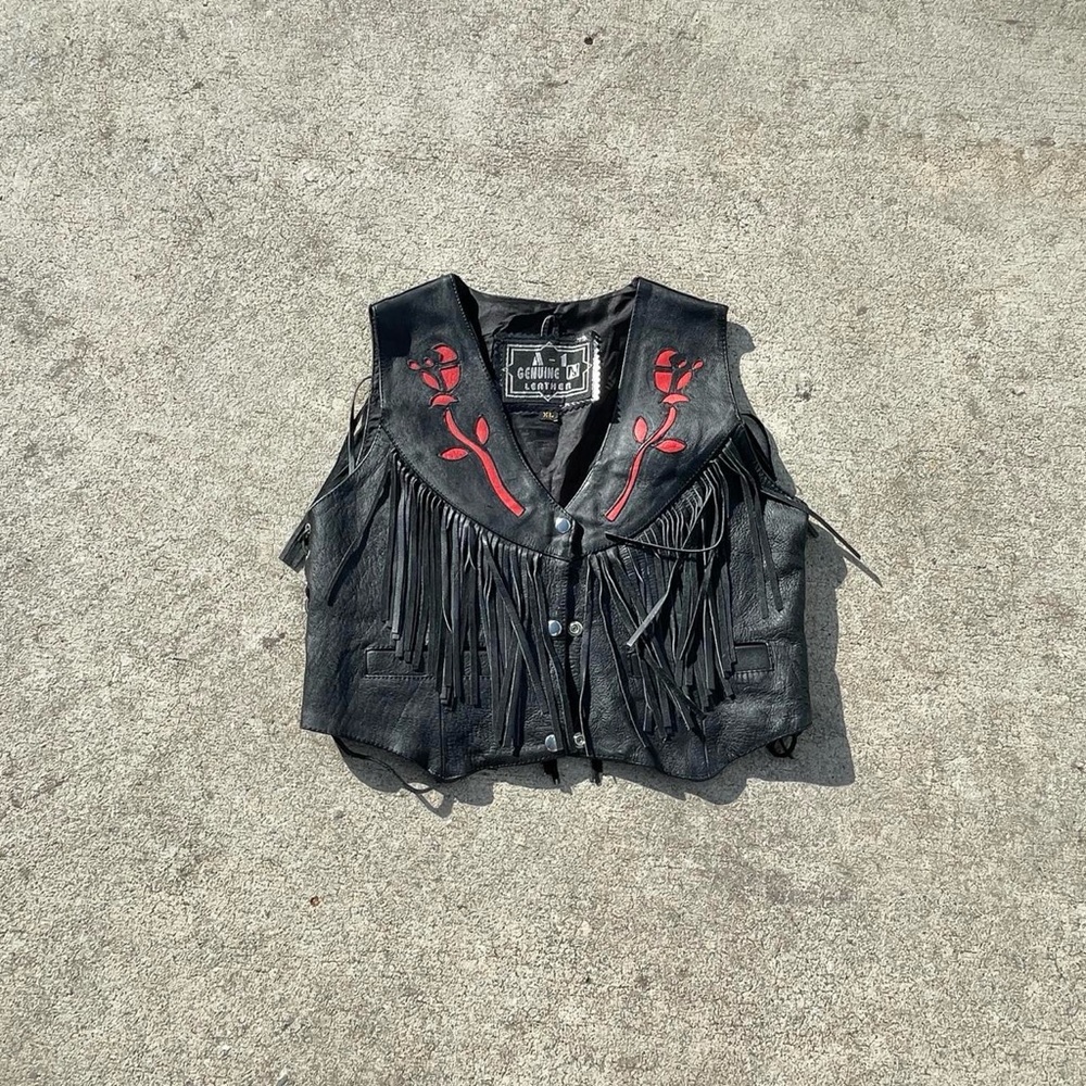 Vintage Leather Fringe Vest Biker Western Floral Lace Up Cropped